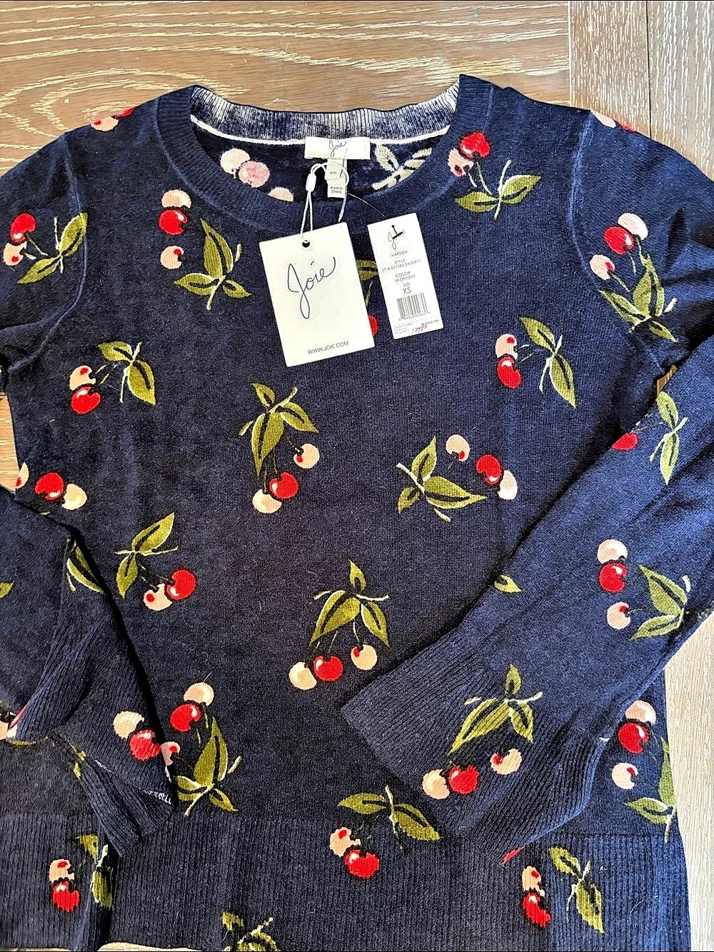 Joie Varden Cherry-Print Cashmere Sweater Floral Sweater Blue & Red Size XS